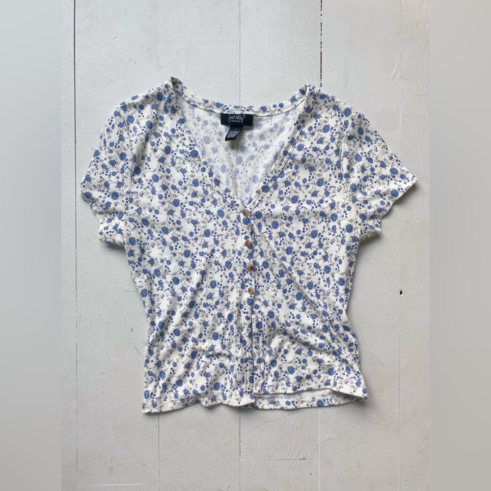 Women’s White Button Down Crop Top with Blue Flower Design